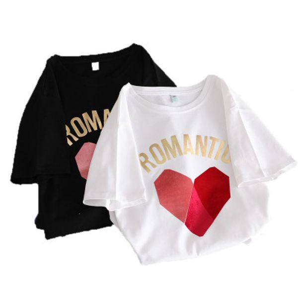 

2020 womens short sleeves t shirt for summer with heart fashion printed women casual tshirts cotton blend ladies tees 3 color size s-xl, White