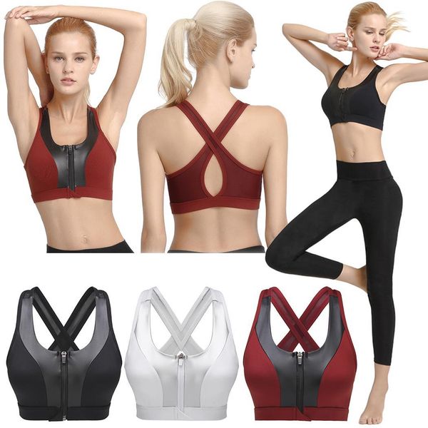 

women shockproof yoga front zipper activewear sleeveless patchowork elastic sports casual bra o-neck, White;black