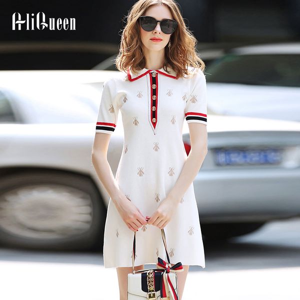 

summer women turn down collar embroidery bees knited mini dresses female vintage polo collar trendy casual white dress vestido, Black;gray