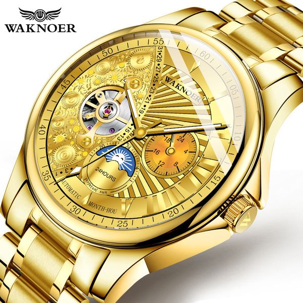 

waknoer luxury men's watch automatic mechanical watches full steel relojes hombre 24 hours luminous men watch relogio masculino, Slivery;brown