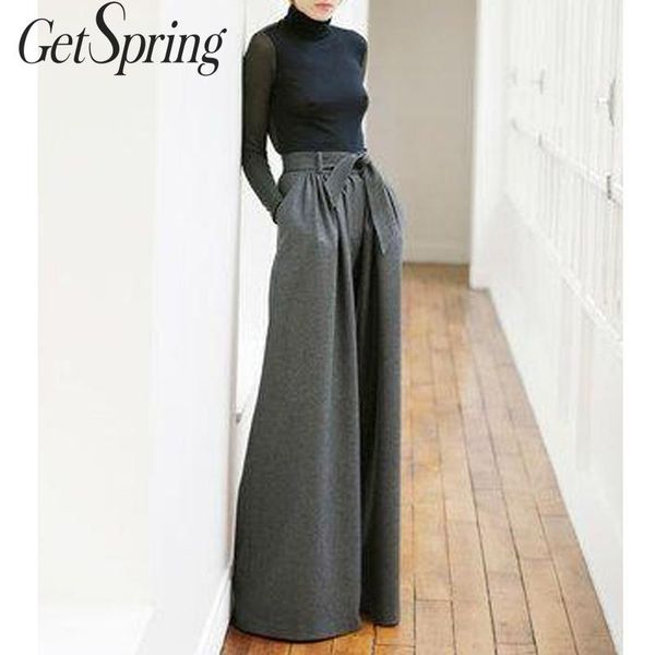 

getspring women pants high waisted lace up wide leg pants retro lace up women thin long trousers autumn winter 2019 new, Black;white