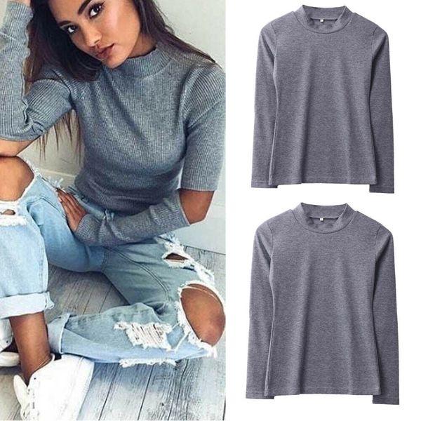 

недавно женщины осень весна свитер топы с длинным рукавом отверстие сплошной серый пуловер водолазка топы, White