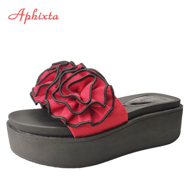 

slippers aphixta red flowers platform women embroider beach 6cm wedge heel shoes clog slides flip flop sandals for, Black