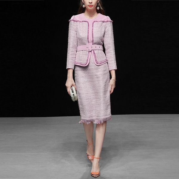 

wreeima 2019 spring womens tweed suits runway 2 piece set slim tassel patchwork jacket + fashionable pencil skirt sets women, White