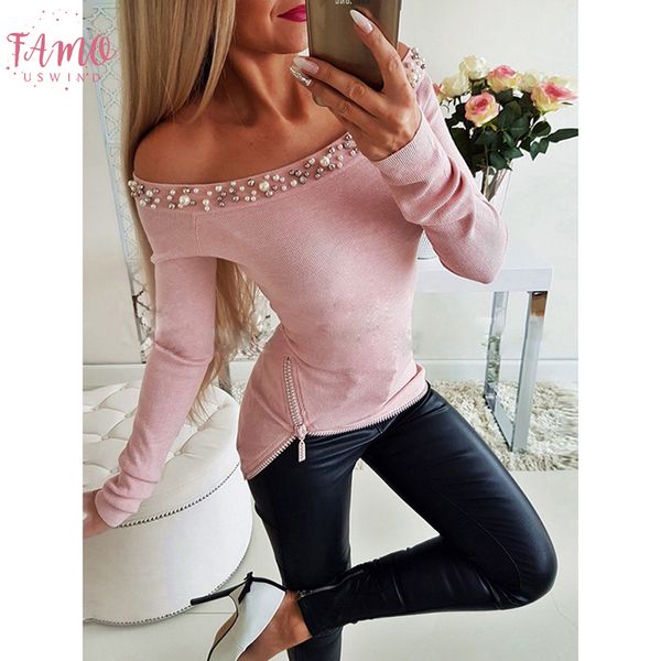 

women off shoulder beading blouses shirt slim fit long sleeve spring solid new design zipper blusas shirt sj1684r, White