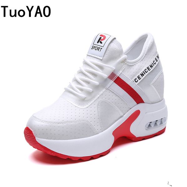 

2019 summer women sneakers mesh casual platform trainers white shoes 8.5cm heels wedges breathable height increasing shoes woman, Black