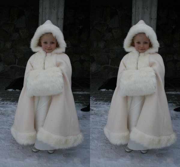 Economici fiori con cappuccio ragazze capo giacca da sposa avvolge lungo con manicotto natalizio personalizzato per mantelli da sposa bianco avorio pelliccia sintetica inverno