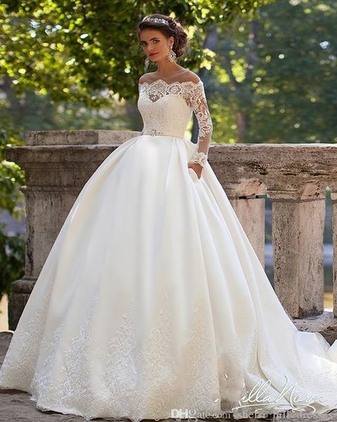 

milla nova long sleeves wedding gowns sheer neckline appliques sweep train satin vintage country bridal wedding dresses dh4167, White