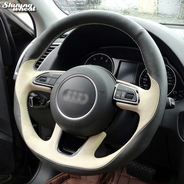 

shining wheat black beige leather hand-stitched car steering wheel cover for q3 q5 2013-2015