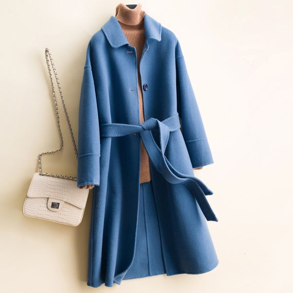 

classic belt solid 100% wool coat women autumn winter loose double sided cashmere pure wool jacket women overcoat, Black
