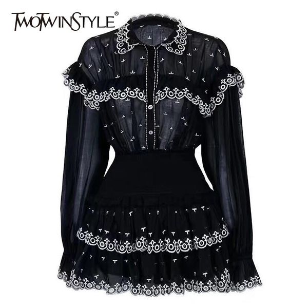 

twotwinstyle embroidery ruffle patchwork two piece sets female perspective flare sleeve shirts high waist mini skirts female new, White
