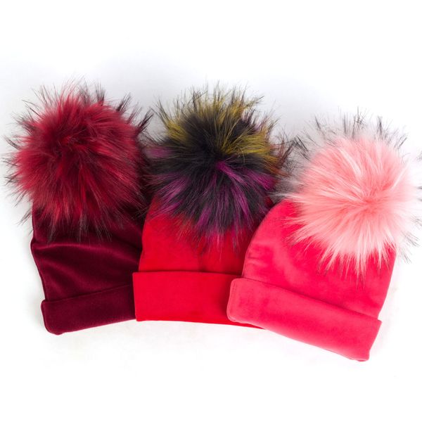 

toddler velvet beanies with hairball baby girls cut soft winter warm hats with faux fur pom pom newborn thicken hat solid color