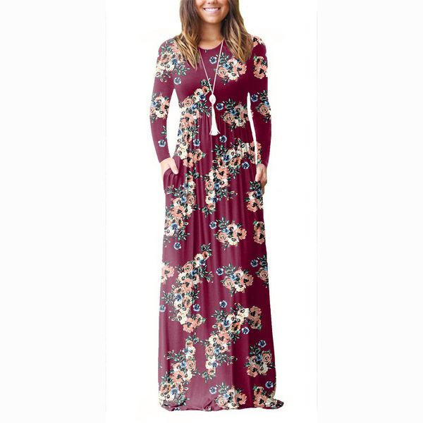 

autumn women's long sleeve printed long skirt round collar pocket dress, Black;gray