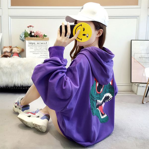 

feitong white sweatshirt hoodies women loose large size dinosaur print thickening plus pocket hoodie sweatshirt shirt, Black