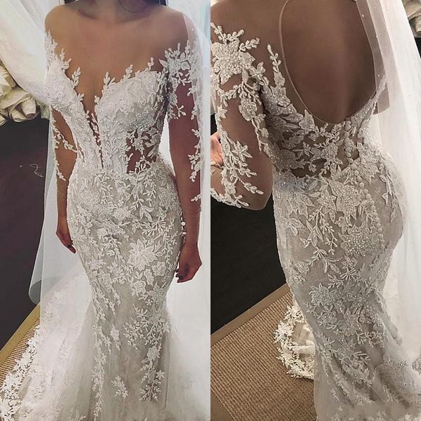

2020 elegant tulle jewel neckline mermaid wedding dresses with beaded lace appliques robe de mariée sirène bridal gowns vestido de novia