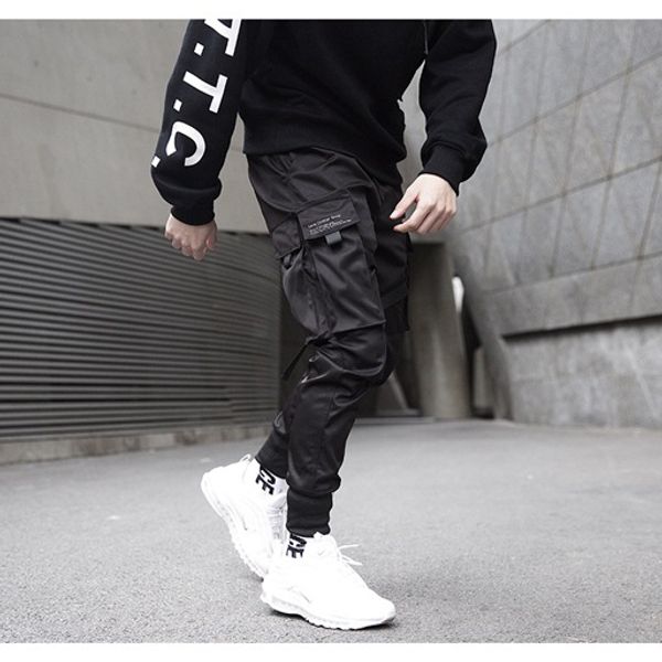 

mens fashion brand letter sweatpants fashion pocket ribbons trousers new arrive joggers pencil pants 2020 sale, Black