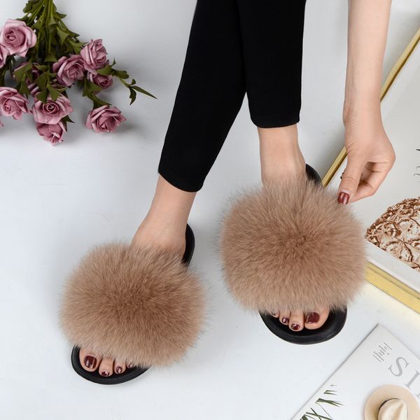 

2019 women's summer fur slides real fox fur slippers indoor sliders fashion genuine fur high quality, Black