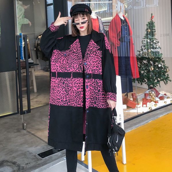

korea red orange women spring coat 2020 new fashion women leopard patchwork coat female plus size loose outwear zqy3009, Tan;black