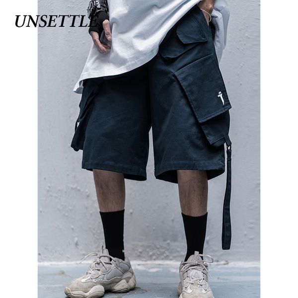

unsettle 2020ss side ribbon multi pockets cargo shorts mens casual summer hip hop baggy streetwear male joggers short pants, White;black