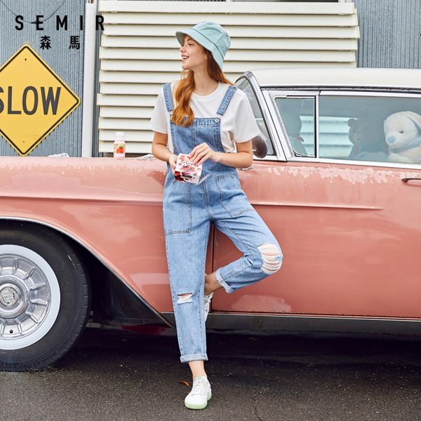 

women's jeans semir overalls women loose straight spring 2021 hole pants thin and versatile, Blue