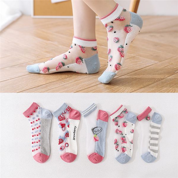 

cartoon fruit womens sock slippers breathable cute women silk socks hosiery spring summer casual ladies socks, Black;white