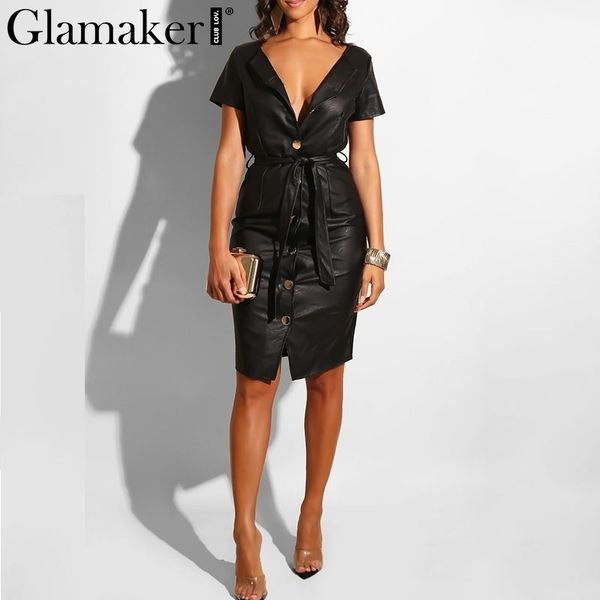 Glamaker Sexy Pu Leather Black Bodycon Dress Women Cintura a vita alta Button Midi Dress Primavera femminile corto elegante abito da sera Nuovo Y19051001