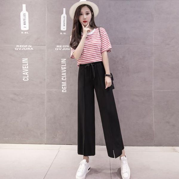 

women pants 2020 spring summer female loose solid split elasitc waist elegant wide leg pant office lady trousers ae345, Black;white