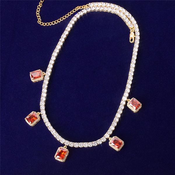 

charming men women shiny cz tennis chain necklaces with ruby pendant silver/gold color cz men women chain fashion jewelry