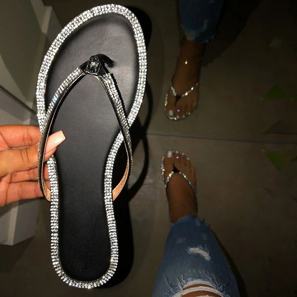 

shujin 2020 summer beach bling crystal flip flops clip toe flat slippers women low heel casual slides beach shoes, Black