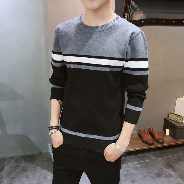 

black red thick knitted pullover sweater men slim casual striped knitted pullover england style o-neck men clothes 2019, White;black