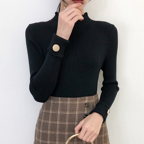 

women autumn sweater half-high collar knit shirt slim long-sleeved button pullovers sweater, White;black