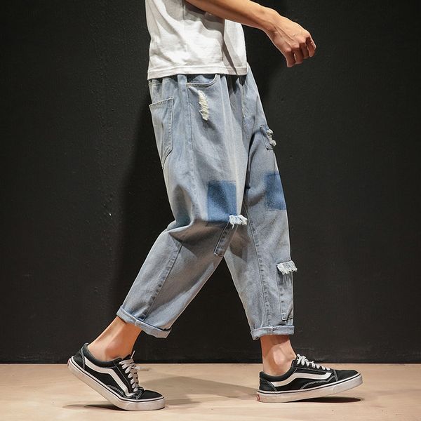 

2019 summer men's haren pants baggy homme jeans mens male trousers holes patch loose blue color casual pants big size -5xl