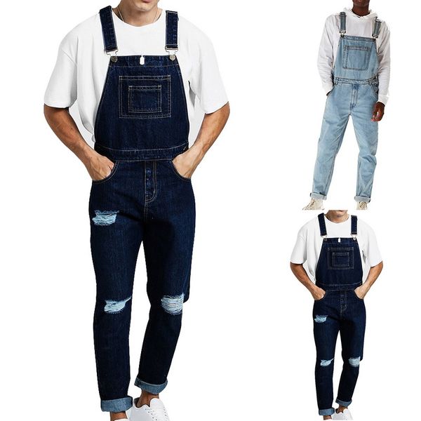 

monerffi 2019 autumn fashion men's jeans jumpsuits high street distressed denim bib overalls men vintage ripped suspender pants, Blue