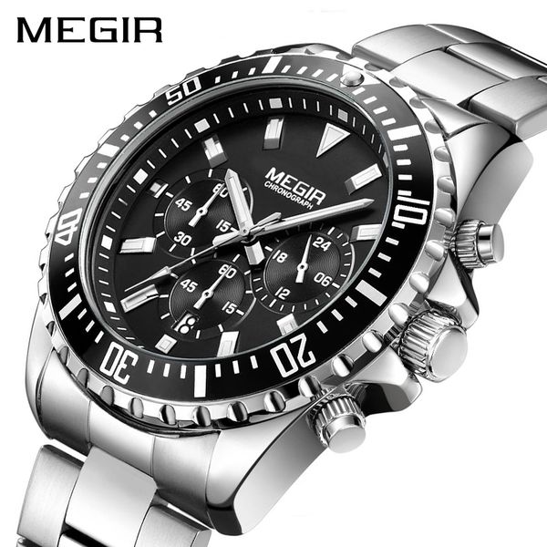 

megir brand business quartz watch men relogio masculino stainless steel army watches chronograph wrist watch clock 2064, Slivery;brown