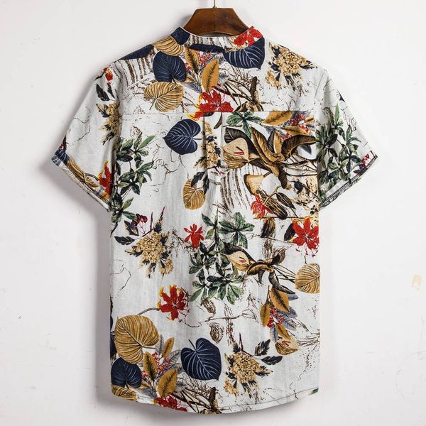 

MarchWind Summer Man Shirt Mens Ethnic Printed Stand Collar Cotton Linen Stripe Short Sleeve Loose Hawaiian Henley Shirt Hawaiian Shirt