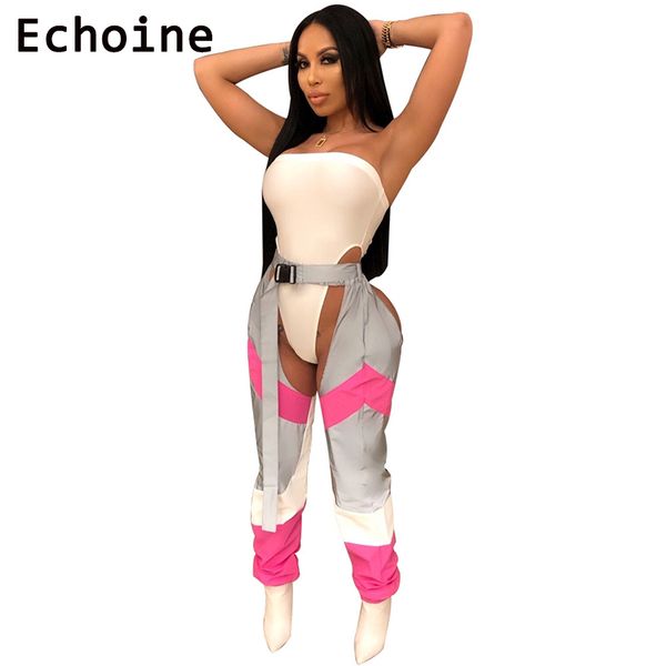 

echoine sexy two pieces set с поясом с плеча боди и брюки losse женская одежда 2019 night clubwear наряды, White