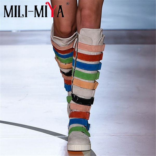 

mili-miya fashion women knee high boots mixed colors comfortable flats zipper runway shoes handmade big size 35-42, Black