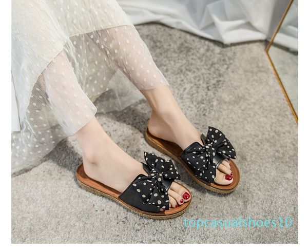 

women summer beach slippers ladies holiday bohemia fashion polka dot bow outdoor shoes female girls non-slip flats flip flops t10, Black