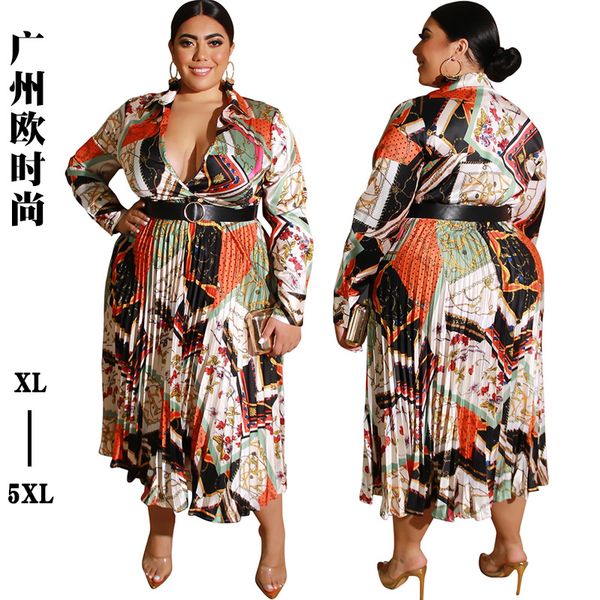 

spring long skirt printed pleated satin deep v dress with belt european and american plus size women's dress, Black;gray