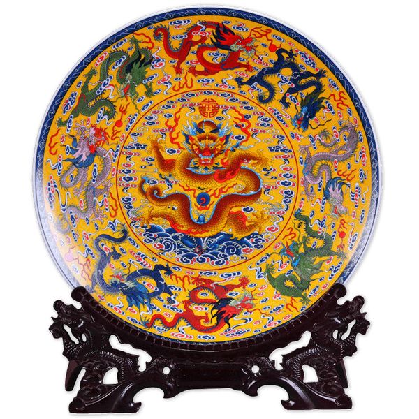 

fengshui art ceramic ornamental plate ancient china nine dragons decoration wood base porcelain traditional chinese plate set