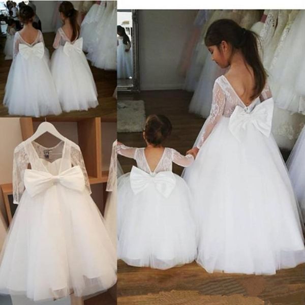 Abiti da ragazza di fiori con applicazioni di pizzo bianco O-Collo Backless Tulle Girls Abito formale per abiti da prima comunione da sposa