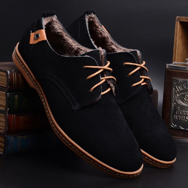 

merkmak new leather men suede shoes men's winter warm shoes casual footwear moccasin mens loafers formal flat, Black