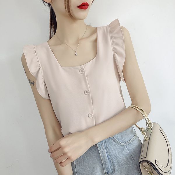 

frilled vest women's 2019 summer new style korean-style chic single breasted sleeveless chiffon shirt, Black;white