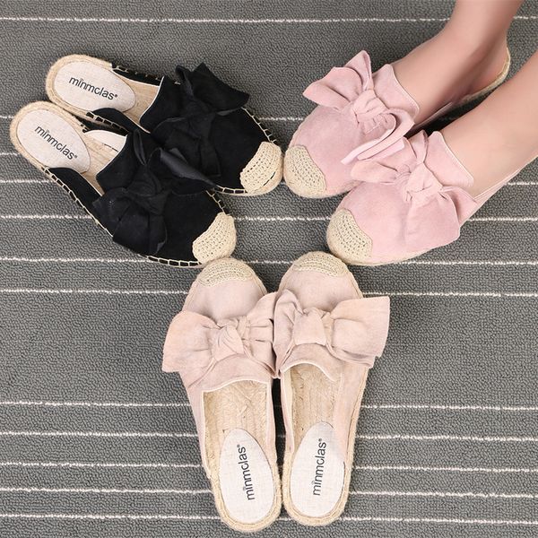

big bow-knot flock mules slippers women round toe student flat slides comfy cover toe soft bottom antiskid pantufla women shoes, Black