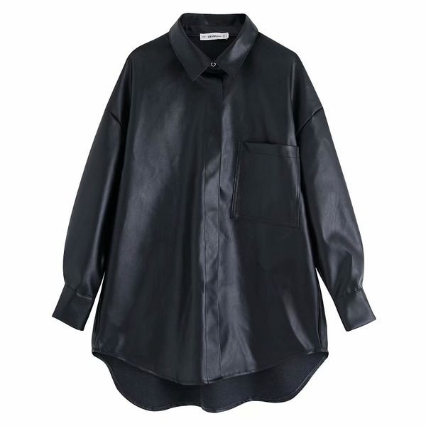 

chic pu leather pockets long blouse fashion women turn-down collar elegant ladies long sleeve shirts, White