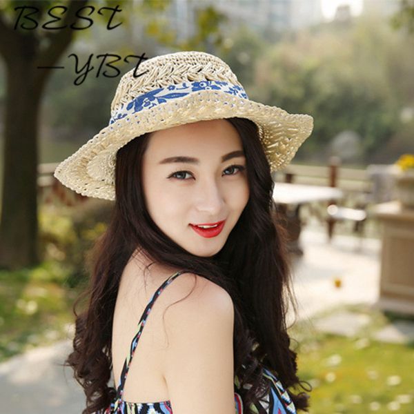 

korean summer new blue and white porcelain hand-bow hat straw beach hat uv protection, Blue;gray