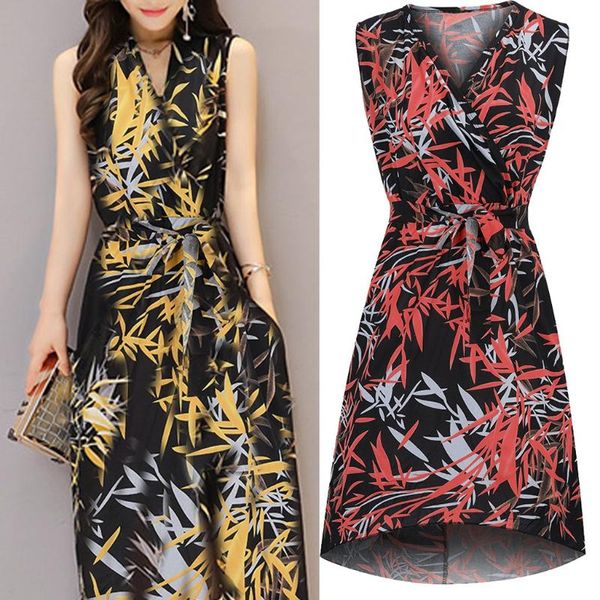 

women dress lady elegant v-neck sleeveless vintage summer printing dress elegant female sleeveless sundress party 2020, Black;gray