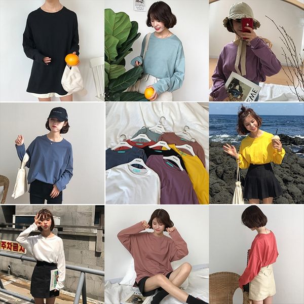 

women's 2019 fashion versatile color round collar long sleeve t-shirtcandy t-shirt candy style top, White