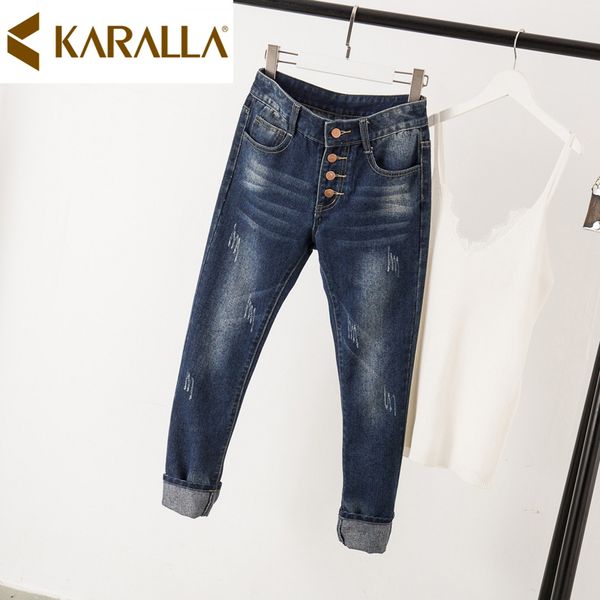 

large size women's 2019 slimming jeans single breasted design trousers fashion lady ankle-length denim pants c1458, Blue