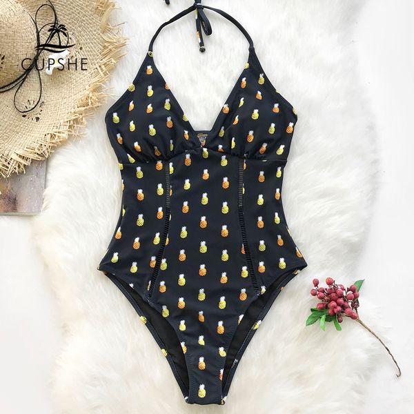 

cupshe ананас печать холтер цельный купальник женщин темный и желтый назад hook монокини 2020 девочка пляж sexy swimwear, White;black